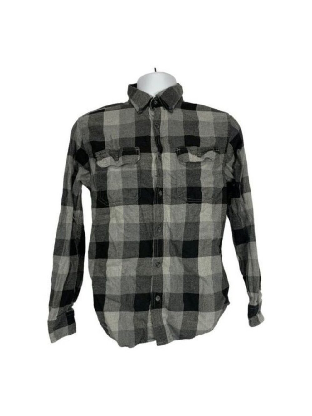 George Mens Black & Gray Plaid Long Sleeve Button-Up Shirt Size Small
